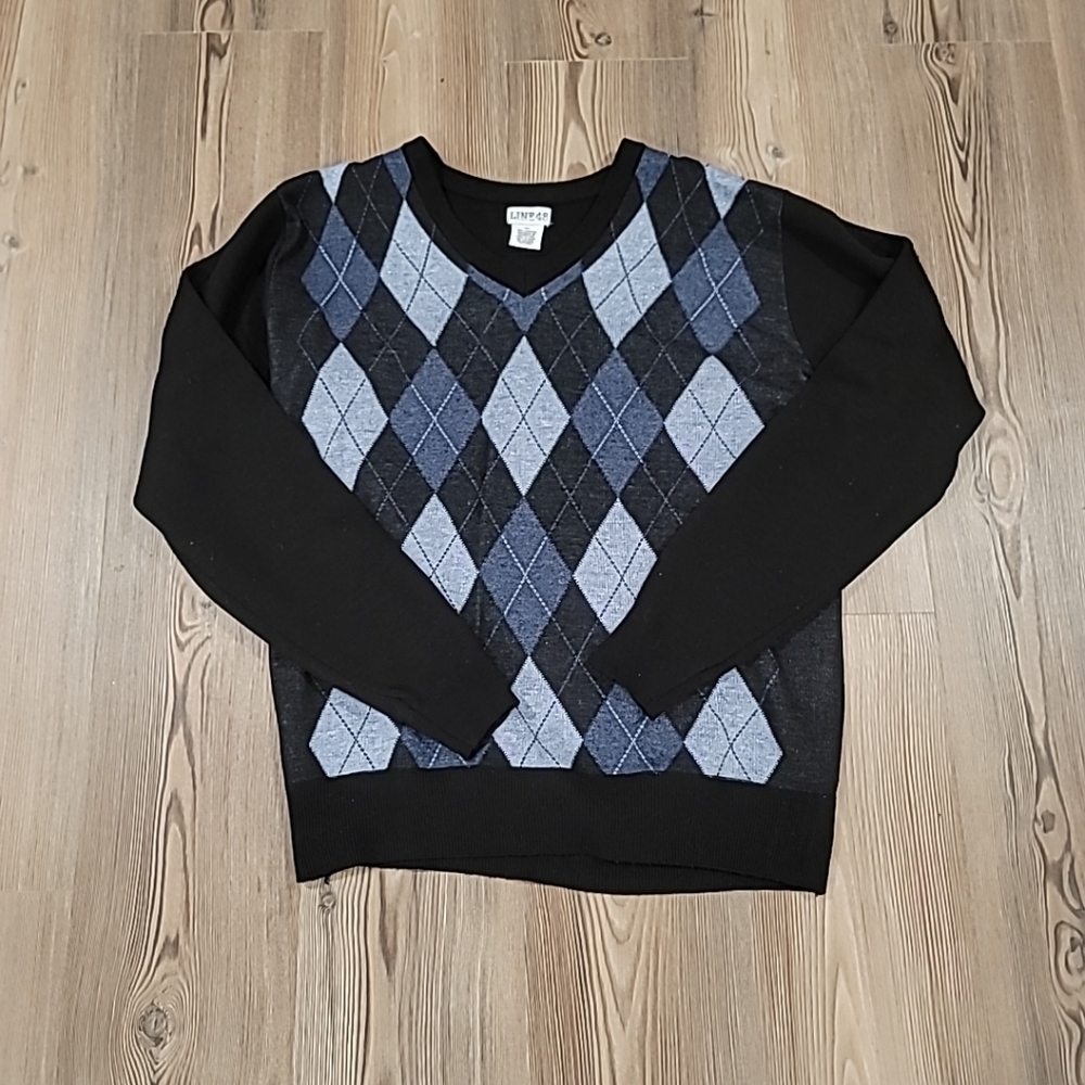 Line 48 Men's Sweater XL Scottish Argyle Blue Long Sleeve V Neck Knit Pullover.